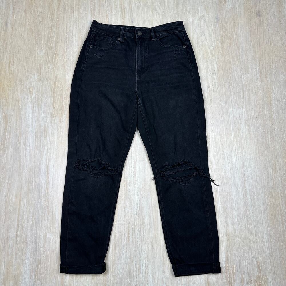 American Eagle Black Mom Jean Dark Wash High Rise Distressed Denim Jeans 4